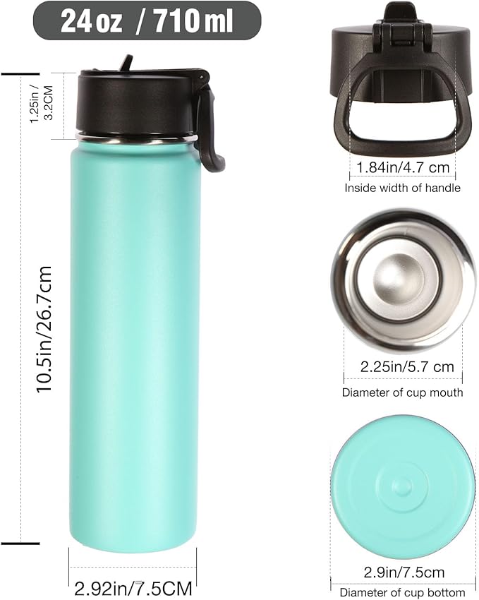 Volhoply 24 Ounce Insulated Water Bottle With Straw Lid,Stainless Steel Wide Mouth Sport Bottles With Handle,Double Wall Vacuum Thermos keep Cold,Reusable Travel Thermal Cups For Holder,Gym(Mint,1)