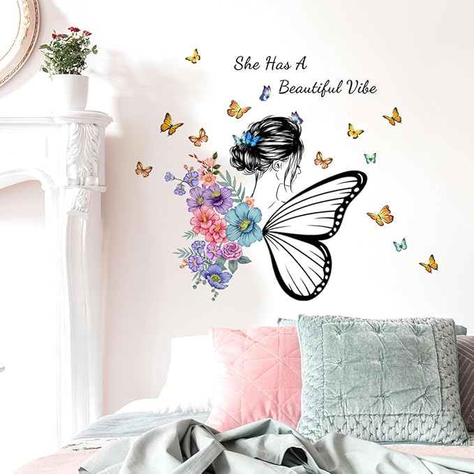 Butterfly Girl Wall Decals, Colorful Butterflies with Motivational Lettering Quotes Wall Stickers for Girls Baby Nursery Bedroom Playroom Vinyl Murals