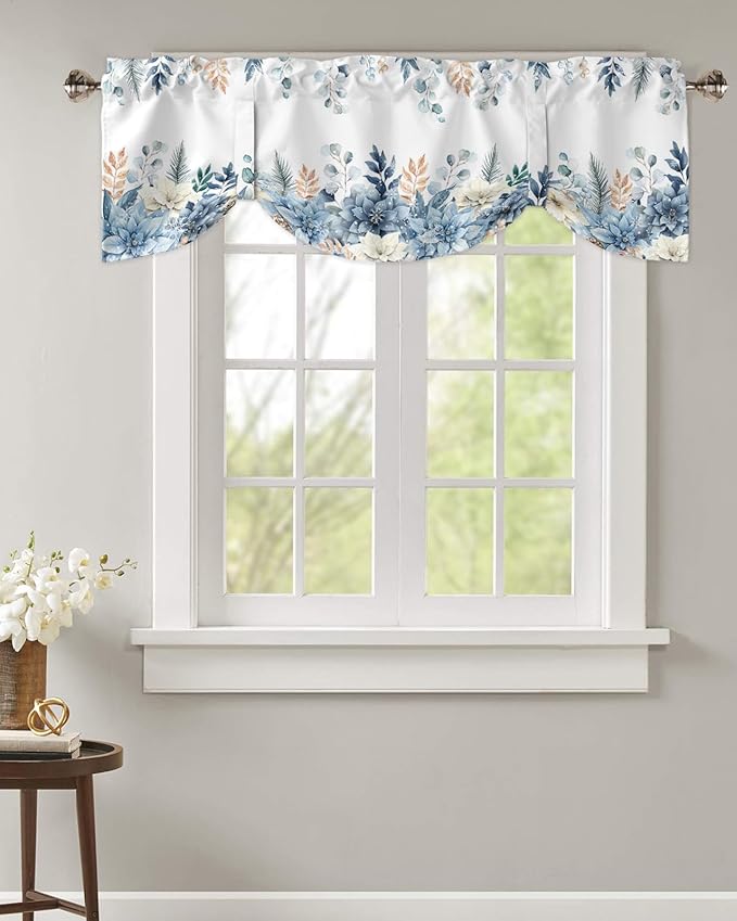 Blue Christmas Poinsettia Blackout Tie Up Valance Curtains for Kitchen Windows Winter Eucalyptus Leaves Window Toppers Balloon Shades for Living Room/Bathroom/Bedroom,1 Panel, 42" X 12",