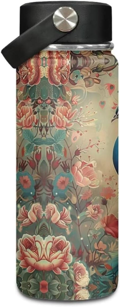 Peacocks Insulated Water Bottle 18 Oz Stainless Steel Leak Proof Vacuum Lightweight Keeps Cold and Hot Great for Travel Hiking Biking Running