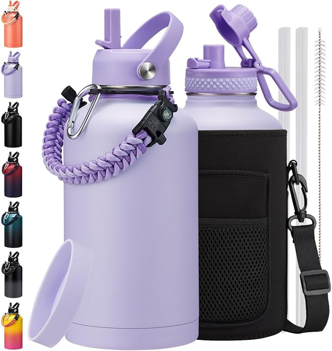 64 oz Insulated Water Bottle Hydrojug - Cold for 48Hrs Stainless Steel Vacuum Flask, Half Gallon Sports Water Bottle 64oz, 1/2 Gallon Water Bottle with Straw, Pop-up Spout Lid, Purple for Woman Girl