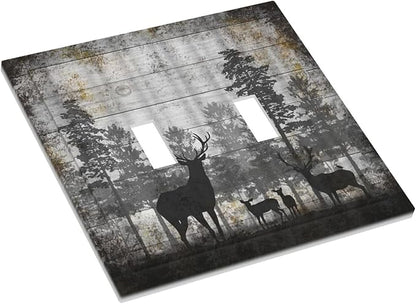 Rustic Deer Forest Vintage Wood Board Double Toggle Boho Light Switch Covers Decorative Country Unique 2 Gang Wall Plate Dual Electrical Faceplate Switchplate for Farmhouse Cabin Decor