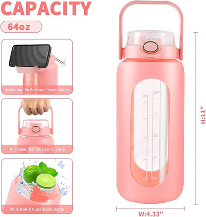 64oz Glass Water Bottle with Straw and Handle - Half Gallon Motivational Water Jug with Time Marker and Silicone Sleeve, Leak proof Wide Mouth Water Flask for Gym, Sports, and Daily Use (Pink)