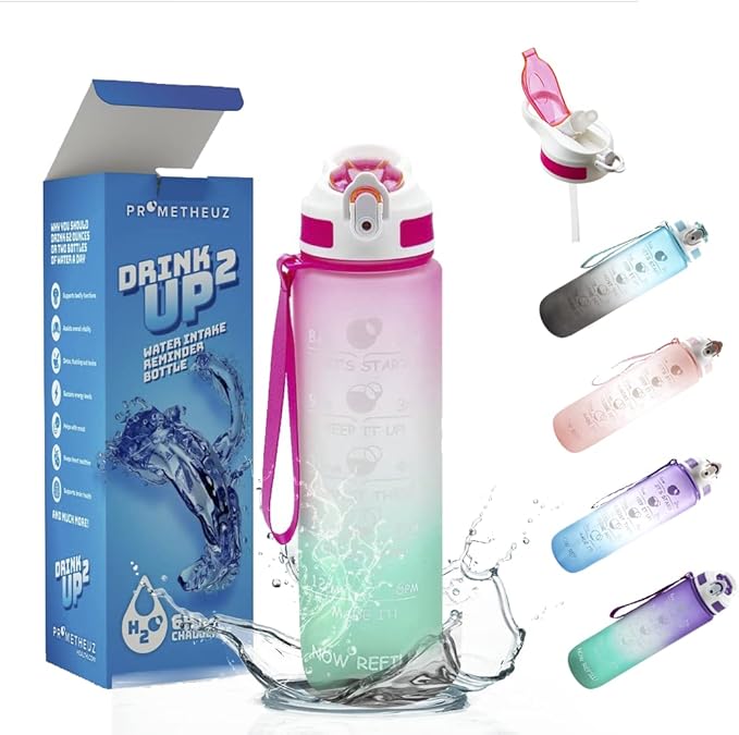 PROMETHEUZ Sports Water Intake Reminder Bottle with Time Marker and Straw, Leakproof Tritan BPA-Free, Fast Flow, Dark Pink Purple Mint, 32 oz