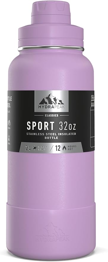 Hydrapeak 32oz Sport Insulated Water Bottle with Chug Lid, Leak & Spill Proof, Keeps Drinks Cold for 24 Hours, Hot for 12 Hours, Premium Stainless Steel Water Bottles (32oz, Mauve)