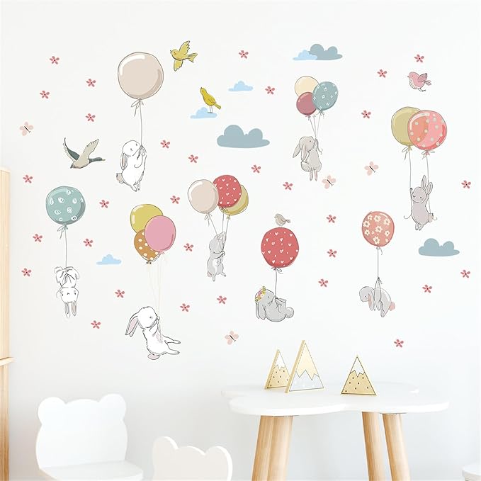 Colorful Balloon Cute Rabbit Wall Decal Floral Cloud Bunny Wall Stickers Nursery for Bedroom Girls Decor