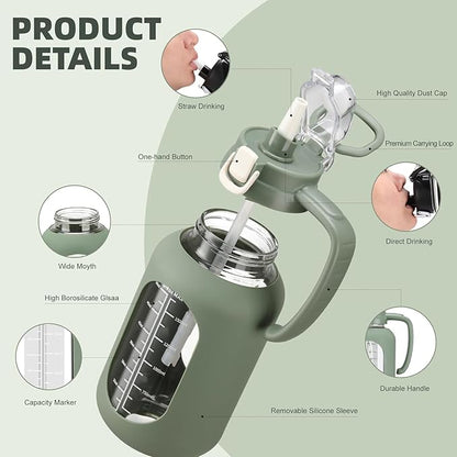 64 oz Glass Water Bolttles Half Gallon Large Motivational Water Bottle with Time Marker Sports Water Bottles with Silicone Sleeve and Handle Lid Water Jug for Gym Workout-1 Pack