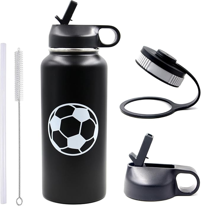32 oz Soccer Water Bottle, Wide Mouth Travel Sports Flask with 2 Lids（Straw Lid+Flex Cap）BPA Free 18/8 Stainless Steel Double Wall Vacuum Insulated Water Bottles (32oz, Soccer)