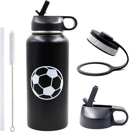 32 oz Soccer Water Bottle, Wide Mouth Travel Sports Flask with 2 Lids（Straw Lid+Flex Cap）BPA Free 18/8 Stainless Steel Double Wall Vacuum Insulated Water Bottles (32oz, Soccer)