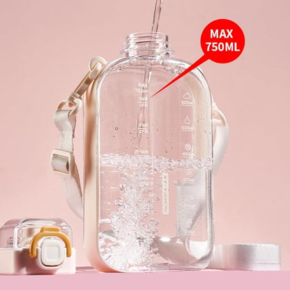 750ML Square Transparent Water Bottle, Cute Sports Water Jug with Adjustable Strap, Portable Motivational Water Bolttles for Travel, Hiking and Outdoor Workouts