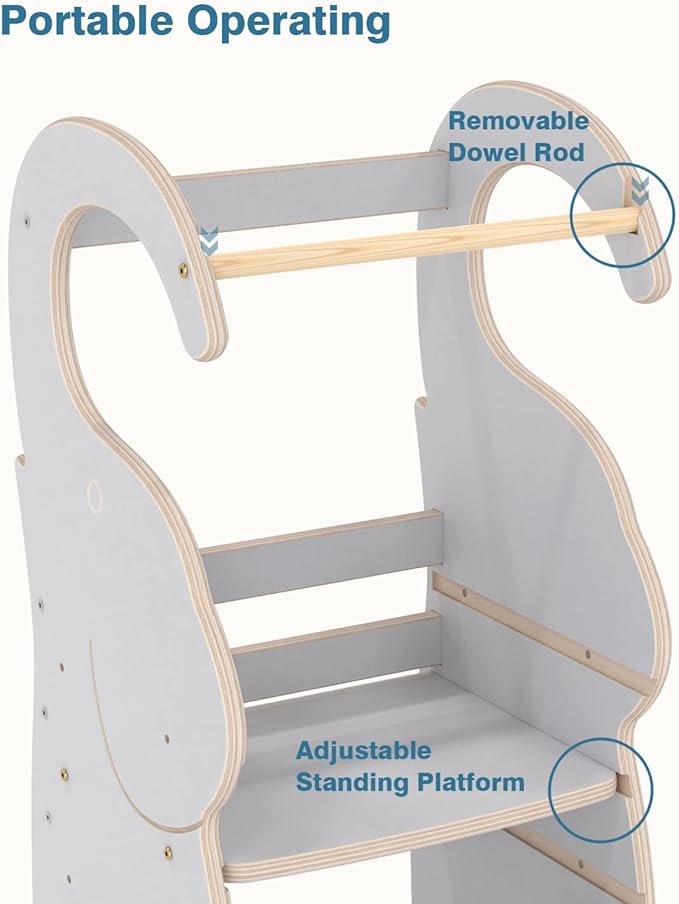 PP OPOUNT Toddler Kitchen Stool, 3-Level Adjustable Toddler Tower, Wood Step Stools for Kids with Safety Protective Net and Non-Slip Mat, Elephant Style, Solid Wood Gray