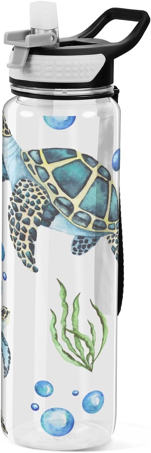 senya Watercolor Sea Turtles Sport Water Bottle with Straw Tritan Clear Bottle for Outdoor Gym Travel