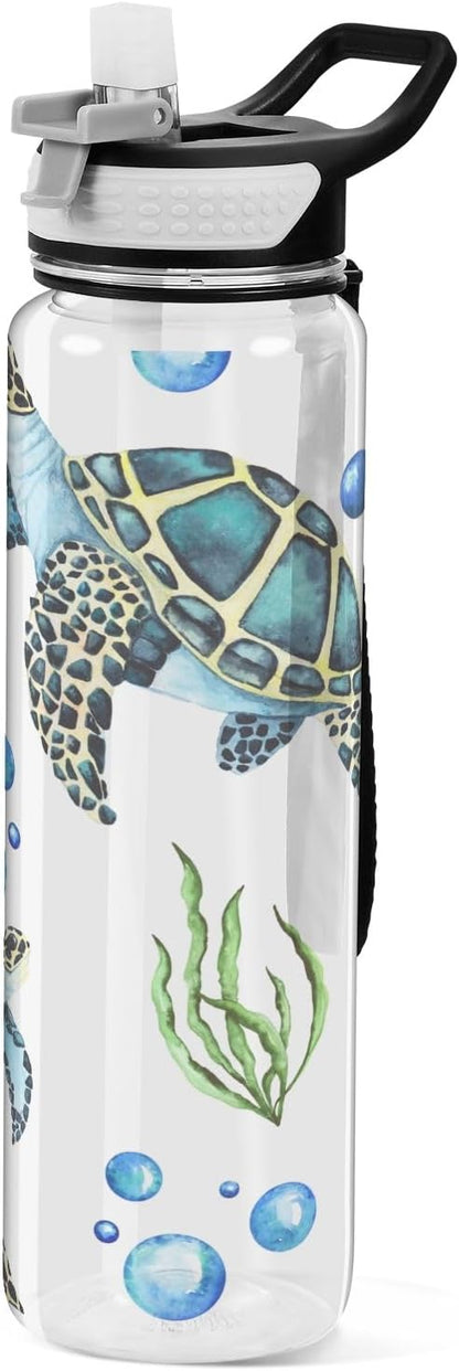 senya Watercolor Sea Turtles Sport Water Bottle with Straw Tritan Clear Bottle for Outdoor Gym Travel