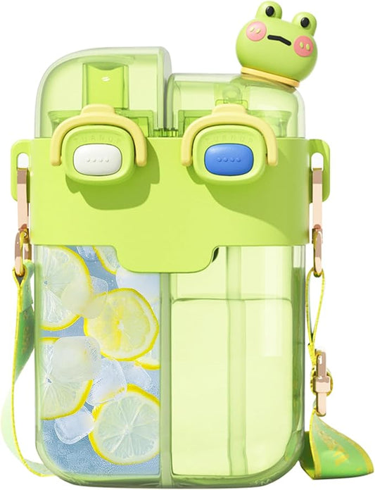 Cute Water Bottle for Kids: 26oz Kawaii Water Bottle for Girls, Funny Bear Water Bottles with Straw and Strap, Dual Compartments Leak-proof Plastic Drinking Cup for School Sport Travel (Green)