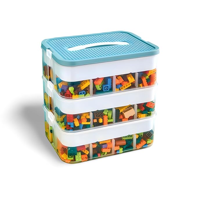 3-Tier Stackable Toy Storage Box with Lid Dividers, Kid Toy Blocks Organizer Container Removable Tray, Plastic Toy Chest Organizer for Baby Nursery Playroom - Toy Blocks Not Included