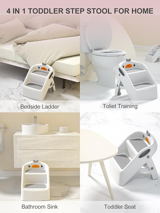 Toddler Step Stool, White & Grey, Foldable 2 Step Stool for Kids Bathroom Sink Potty Toilet, to Give Stepping Stool for Todders 1-3 More Independence, Easy to Use & Carry & Wash