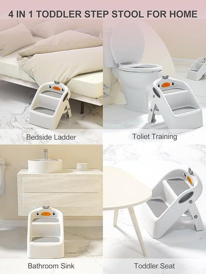 Toddler Step Stool, White & Grey, Foldable 2 Step Stool for Kids Bathroom Sink Potty Toilet, to Give Stepping Stool for Todders 1-3 More Independence, Easy to Use & Carry & Wash