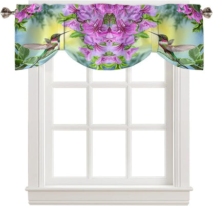 Pink Flowers Blackout Tie Up Valance Curtains for Kitchen Windows Hummingbird Window Toppers Balloon Shades for Living Room/Bathroom/Bedroom,1 Panel,42" X 12"