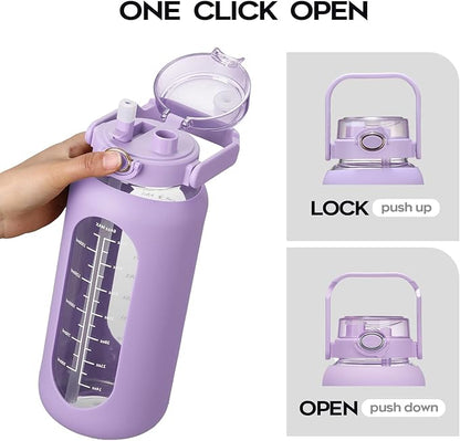 74 oz Glass Water Bolttles with Straw Large Motivational Water Bottle with Time Marker Sports Water Bottles with Silicone Sleeve and Handle Lid 2.2L Water Jug for Gym Workout