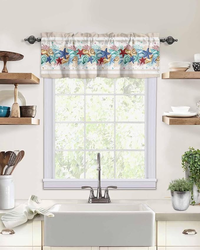 Coastal Beach Kitchen Curtains Valances for Windows Nautical Ocean Seashell Coral Starfish Rod Pocket Window Treatment for Kitchen /Living Room/Bedroom/ Bathroom, 54" X 18", Brown Aqua Summer