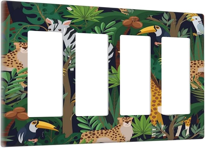 Cartoon Animal Zebra Leopard Giraffe Bird Leaf 4 Gang Rocker Decora Nursery Light Switch Cover Decorative Outlet Covers Wall Plate Electrical Faceplate Switchplate GFCI for Kidroom Decor