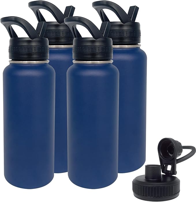 4pack 32 oz Insulated Water Bottle With Straw, Stainless Steel Sports Water Cup Flask with 2 Lids, Wide Mouth Travel Thermal Mug,Navy