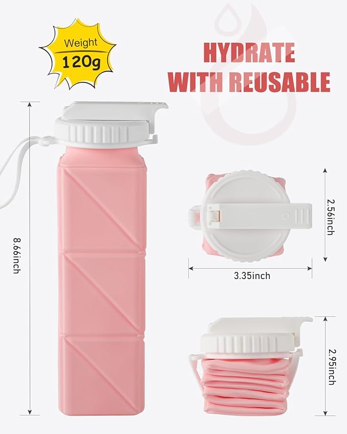Opard Collapsible Water Bottles 21 Oz - BPA Free, Leak Proof, Foldable Silicone Collapse Water Bottle with Straw, Easy to Compact and Expandable, Travel Essentials Accessories