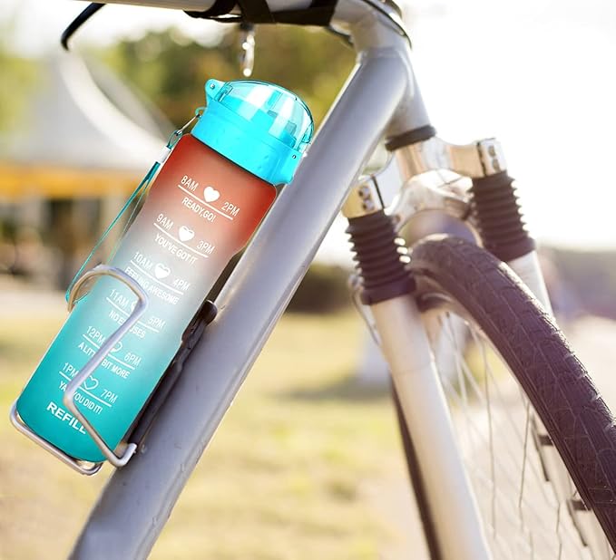 XACIOA Water Bottle with Straw,32oz Plastic Cup with Motivational Time Marker,1L Tritan Sport Lightweight Leakproof BPA-Free,Wide Mouth Fast Flow Ensure You Have Times to Drink,with Straw & Cup Brush