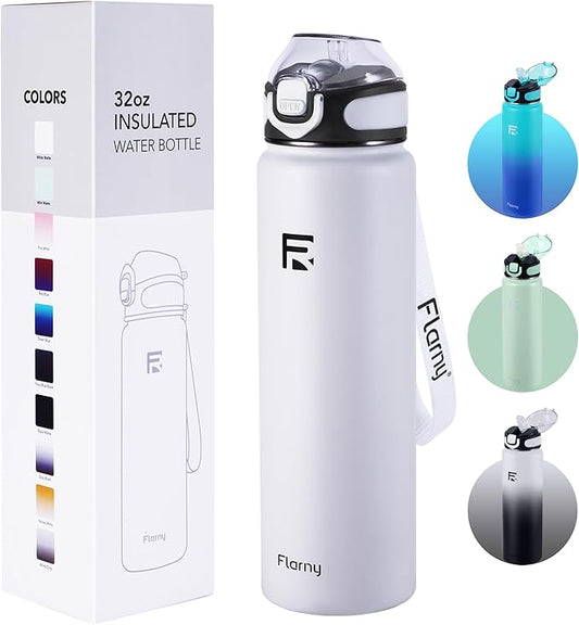 32 oz Insulated Water Bottle with Straw, Stainless Steel Metal Thermos Bottles, Durable Non-Slip Gradient Bottle with Strap for Sports and Travel, Leak Proof (White Matte)