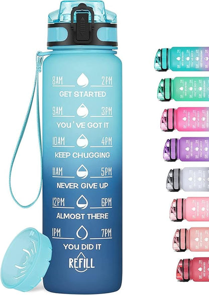 32oz Motivational Water Bottle with Time Marker & Fruit Strainer, Leak-proof BPA Free Non-Toxic 1l Bottle with Carrying Strap, Perfect for Fitness, Gym and Outdoor Sports (Ombre: Blue Waves)