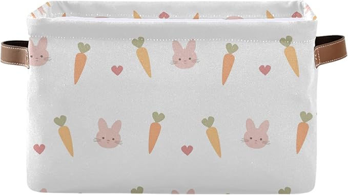 Carrots Rabbits Animal Pattern Storage Bin Collapsible Rectangular Storage Basket Large Fabric Storage Boxes Organizer 1PC with Leather Handles for Clothes Toys Books Kitchen Laundry