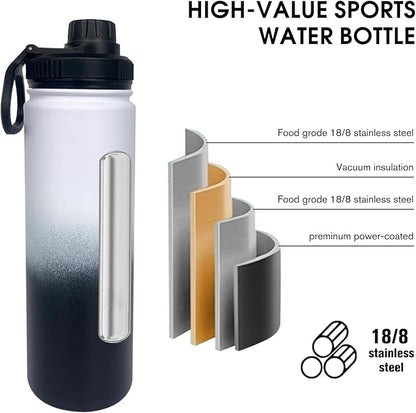 4pack 22 oz Insulated Water Bottle With Straw, Stainless Steel Sports Water Cup Flask with 2 Lids, Wide Mouth Travel Thermal Mug,Black white