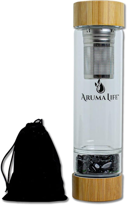 Crystal Water Bottle with a Loose-Leaf Tea or Fruit Infuser, Safe for Hot and Cold Drinks, Eco-friendly & Plus BONUS Protective Sleeve & Extra Set of Crystals (Obsidian & Turquoise)