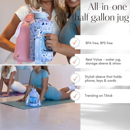 H2O Capsule 2.2L Half Gallon Water Bottle with Storage Sleeve and Covered Straw Lid – BPA Free Large Reusable Drink Container with Handle - Big Sports Jug, 2.2 Liter (74 Ounce)