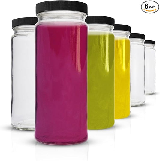 All About Juicing Clear Glass Water Bottles Set - 6 Pack Wide Mouth with Lids for Juice, Smoothies, Beverage Storage - 16 oz, Durable, Reusable, Dishwasher Safe, Leak Proof (Black Caps)