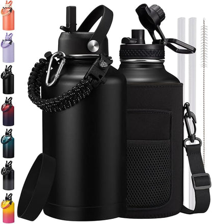 64 oz Water Bottle with Straw - Auto Spout Lids, Paracord Handle, Carrier Bag, Insulated Water Bottle Half Gallon Jug, Keep Cold 48H, Stainless Steel Metal Flask Large Sport Water Bottle Black