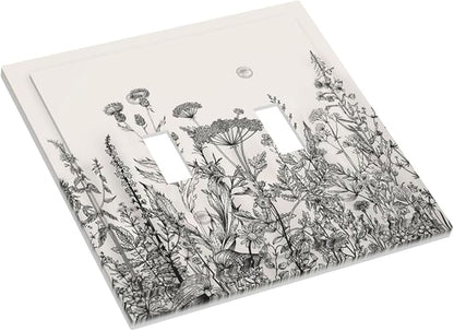 Vintage Grey Floral Herbs Wild Flowers Botanical Double Toggle Boho Light Switch Covers Decorative Country Unique 2 Gang Wall Plate Dual Electrical Faceplate Switchplate for Living Room