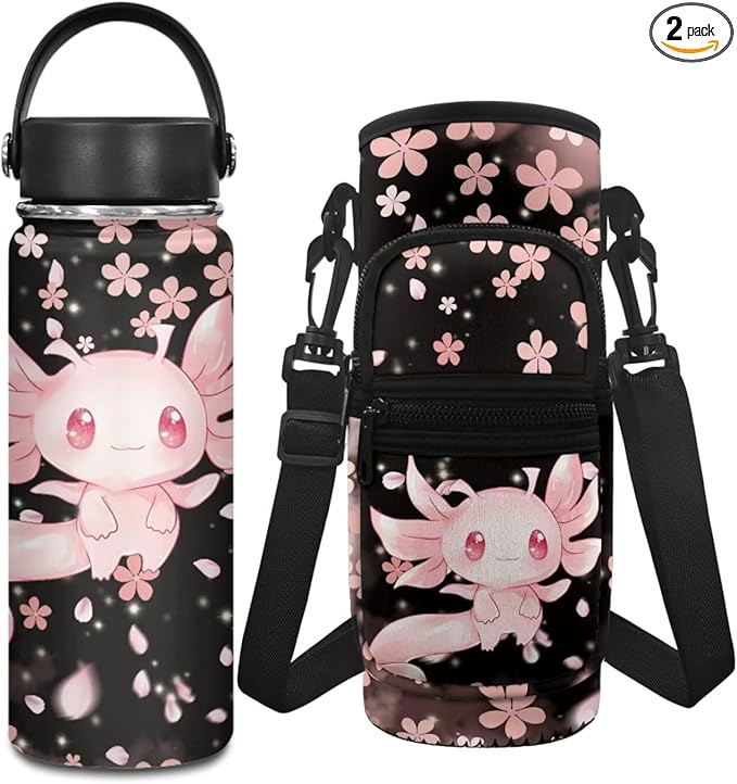 Axolotl Girls Insulated Water Bottle 20 OZ Cherry Blossom 2 Pcs Water Bottle Holder Carrier Sling Water Bottle Pouch Sleeve Reusable Water Bottle