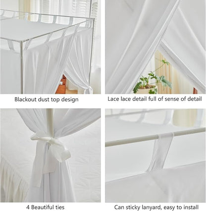 AIKASY White Canopy Bed Curtains with Top Ties and Tie Backs for Bedroom Decoration - Twin Size Bed Curtains with Windproof and Lightproof Features