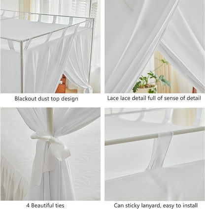 AIKASY White Canopy Bed Curtains with Top Ties and Tie Backs for Bedroom Decoration - King Size Bed Curtains with Windproof and Lightproof Features
