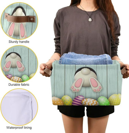 Easter Day Bunny Tail Eggs Storage Basket Fabric Laundry Baskets Happy Easter Rabbit Spring Storage Boxes Organizer Bag for Baby Cloth Dog Toy Book Storage Cubes Shelf Closet Bins 16×12×8 Inches