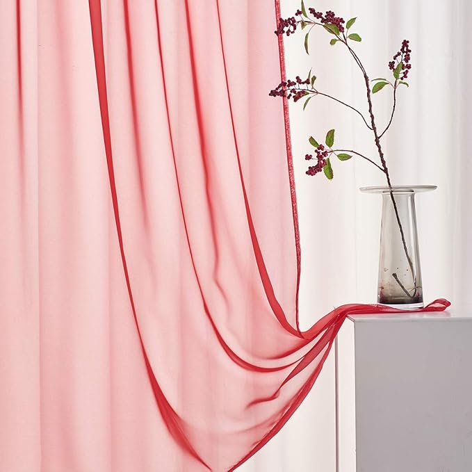 Red Sheer Voile Curtains Short Translucent Solid Color 45 Inch Length Panels Rod Pocket Red Sheers 45 inches long for Small Window Kitchen 2 Panels 52x45