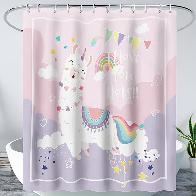 AILONEN Cute Llama Kids Shower Curtain for Girls,Happy Llama in Sky Clouds Print Bath Curtain 48" W*72" H,Kawaii Kids Bathroom Curtain Polyester Waterproof Girls Bathroom Curtain with 12 Hooks