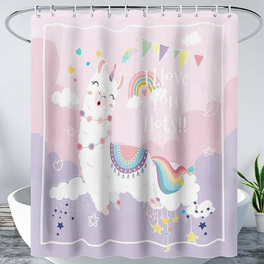 AILONEN Cute Llama Kids Shower Curtain for Girls,Happy Llama in Sky Clouds Print Bath Curtain 72" W*96" H,Kawaii Kids Bathroom Curtain Polyester Waterproof Girls Bathroom Curtain with 12 Hooks