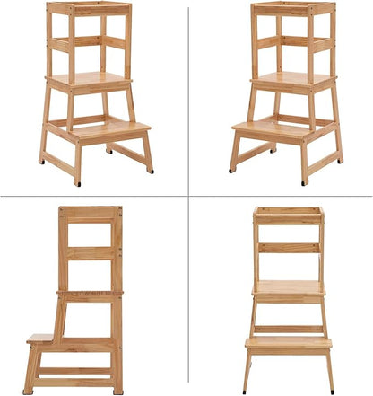 Kitchen Step Stool for Toddlers and Kids with Safety Rails for Kitchen Counter Solid Wood (Natural)