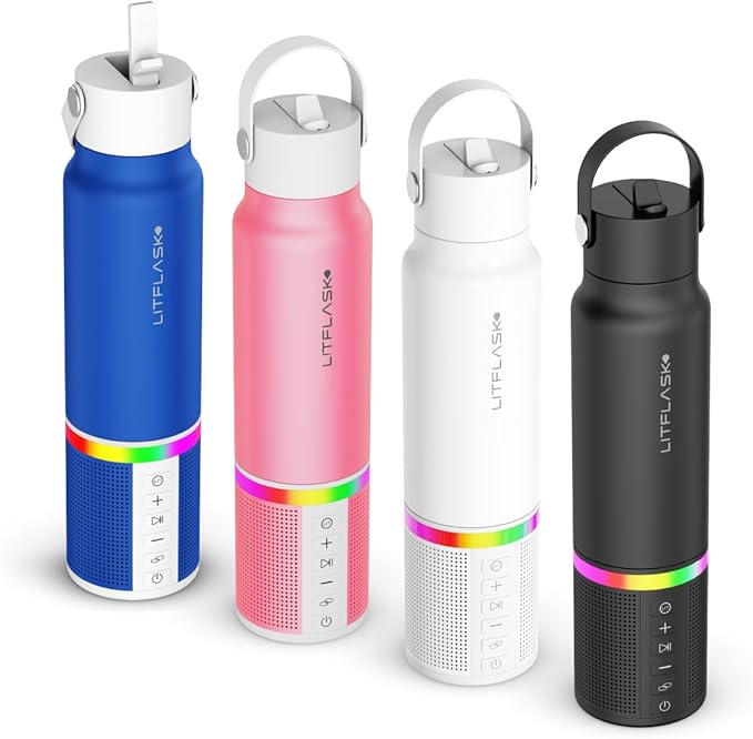 Smart Water Bottle with Premium Bluetooth Speaker, Portable Charger, LED Light, Hands-Free Mic, Insulated Stainless Steel, Straw Lid, BPA-Free, 20oz - Mix & Match Colorways