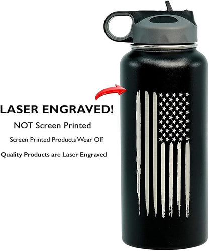 32oz American Flag Stainless Steel Insulated Water Bottle - Engraved USA Flag - American Flag Gift Set | Disabled USMC Vet Owned SMALL Business