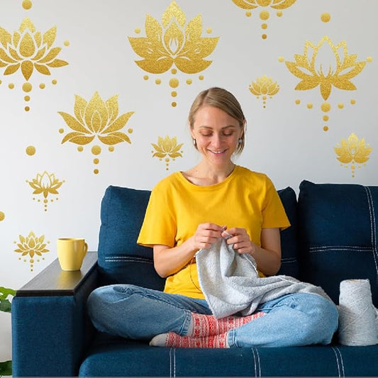 SUPERDANT Lotus Wall Stickers 57PCS Polka Dots Wall Decals Golden Lotus Window Clings Self Adhesive Wall Art Decals Flora Wall Stickers Murals Living Kids Room Decor Art DIY Gift