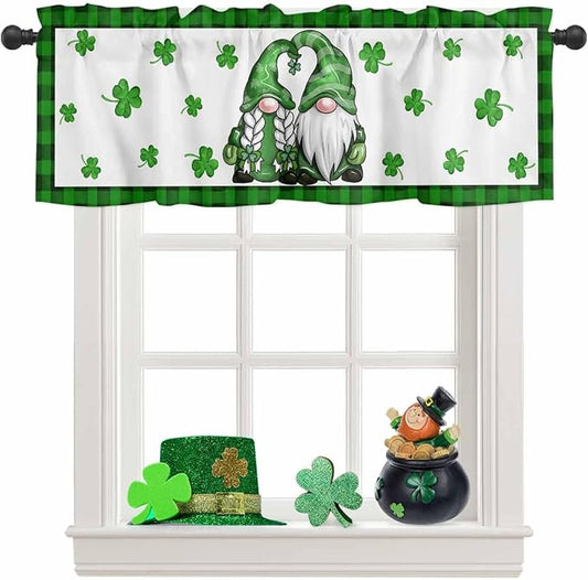 Gnome St. Patrick's Day Kitchen Curtains Valances for Windows Buffalo Plaid Shamrock Rod Pocket Window Treatment for Kitchen /Living Room/Bedroom/ Bathroom, 42" X 12", Seasonal Spring Holiday