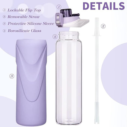 32 oz Sports Glass Water Bottle with Straw & Silicone Sleeve Reusable BPA-free Borosilicate Glass Drinking Bottle with Flip Top Lid & Handle Wide Mouth (Light Violet)
